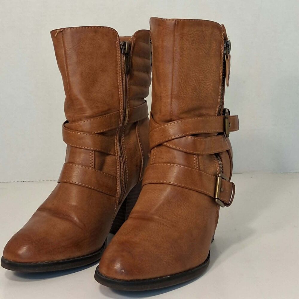 Nature Breeze Women Tan Brown Faux Leather Moto Ankle Boots Size 9 Strappy Zip